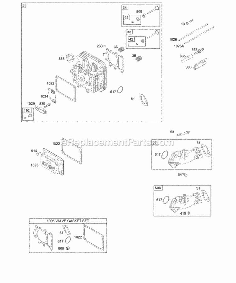 Head KitGasket Sets - Valve Diagram and Parts List for  Briggs and Stratton Engine